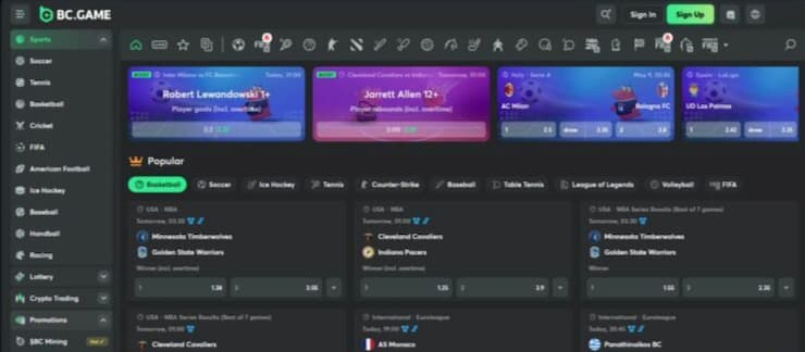 A screenshot of the BC game crypto Casino site